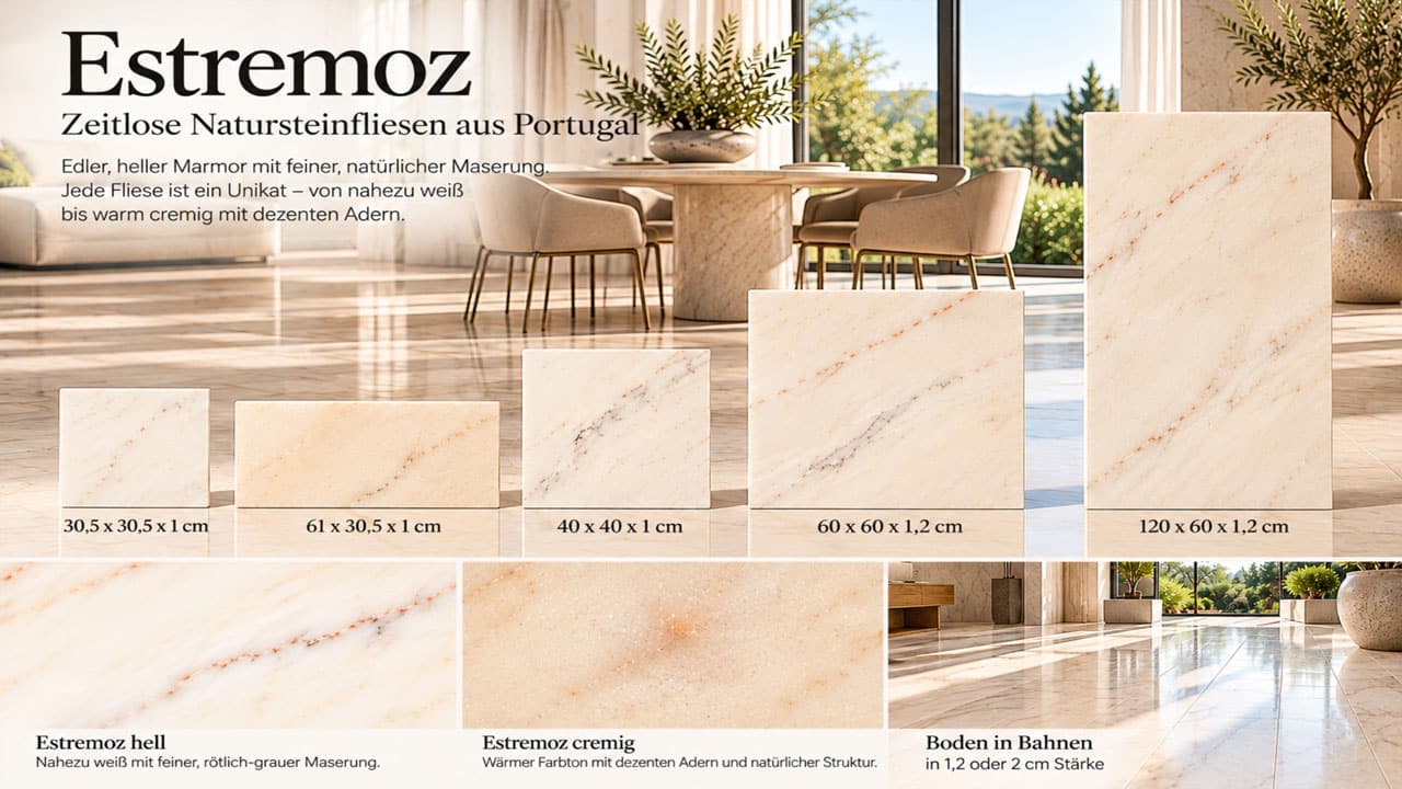 Estremoz Marmorfliesen aus Portugal in fünf Formaten von 30,5 × 30,5 bis 120 × 60 cm, helle und cremefarbene Natursteinvarianten sowie Marmorboden in Bahnen.