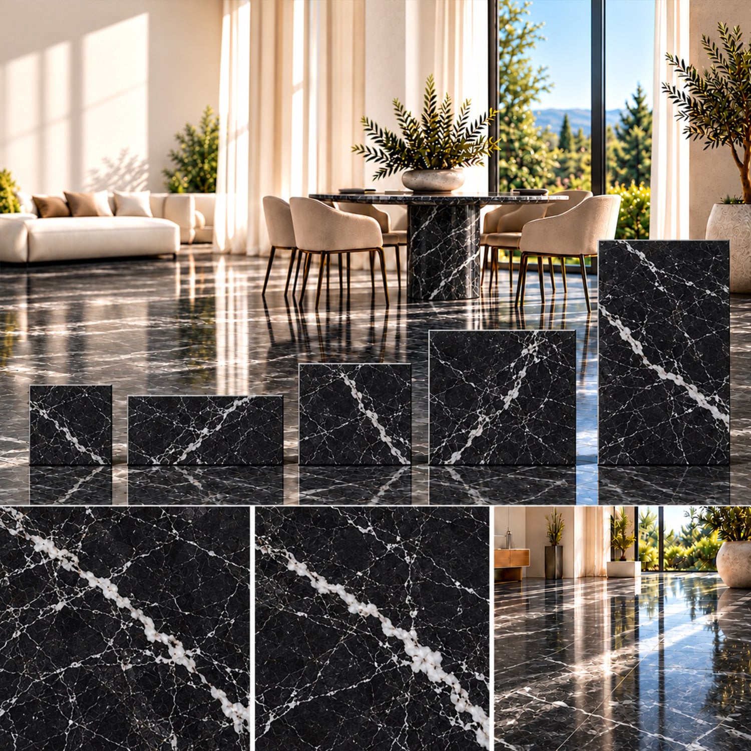 Marmor Nero Marquina als polierte schwarze Fliesen mit weißen Adern in verschiedenen Formaten, mit Detailansichten und Esszimmerboden.