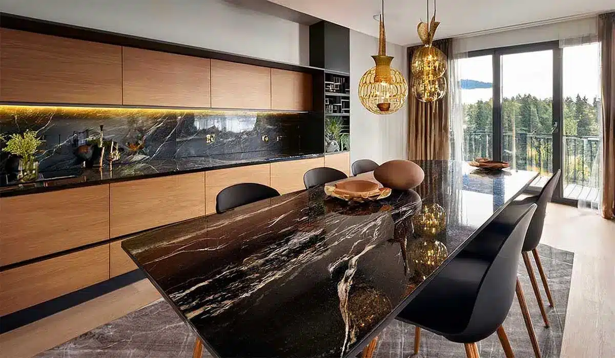 Esstisch modern - Belvedere Tischplatte in schwarz mit toller magmatischer Masserung