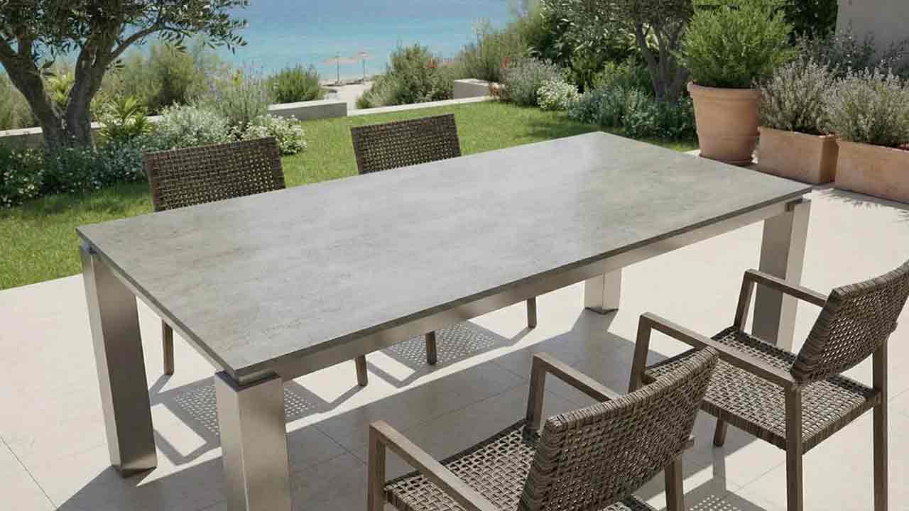 Wetterharter Gartentisch mit dekton Keramik detailaufnahme