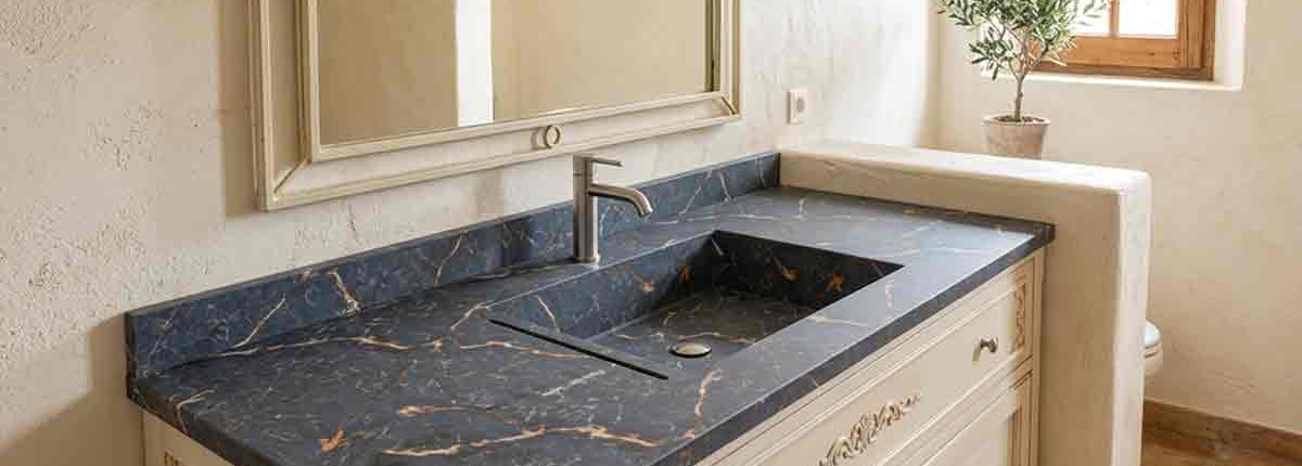 Maßgefertigter Waschtisch aus grau-blauem Parisiene Bleu mit grau blauer Maserung und angepasstem Becken aus gleichem Material