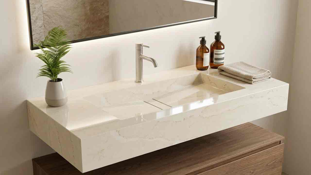 Waschtisch Reflexion mit Ablage in Calacata Tova mediterran creme Beige online konfigurieren