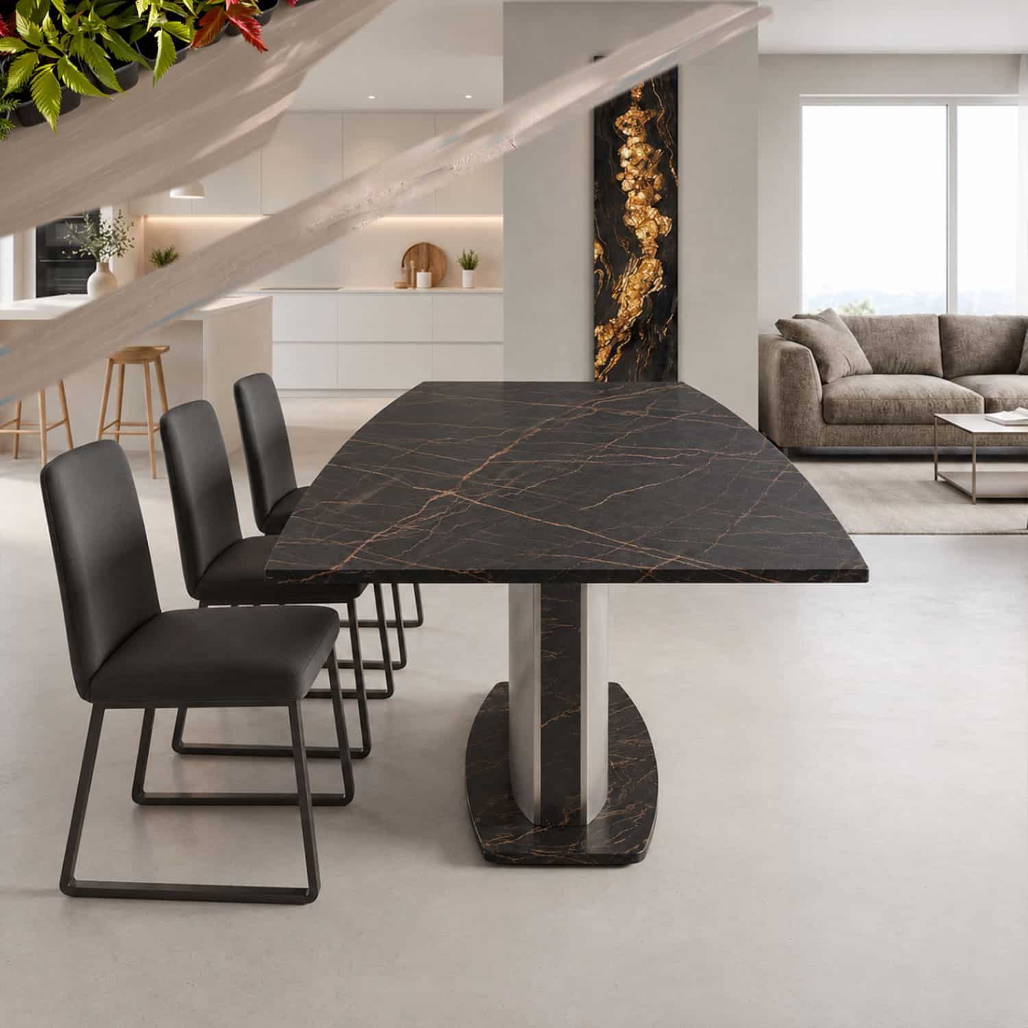 Esstisch Keramik und Silestone mit Dekton Laurant anthrazit mit braunen adern bis 12 Personen.