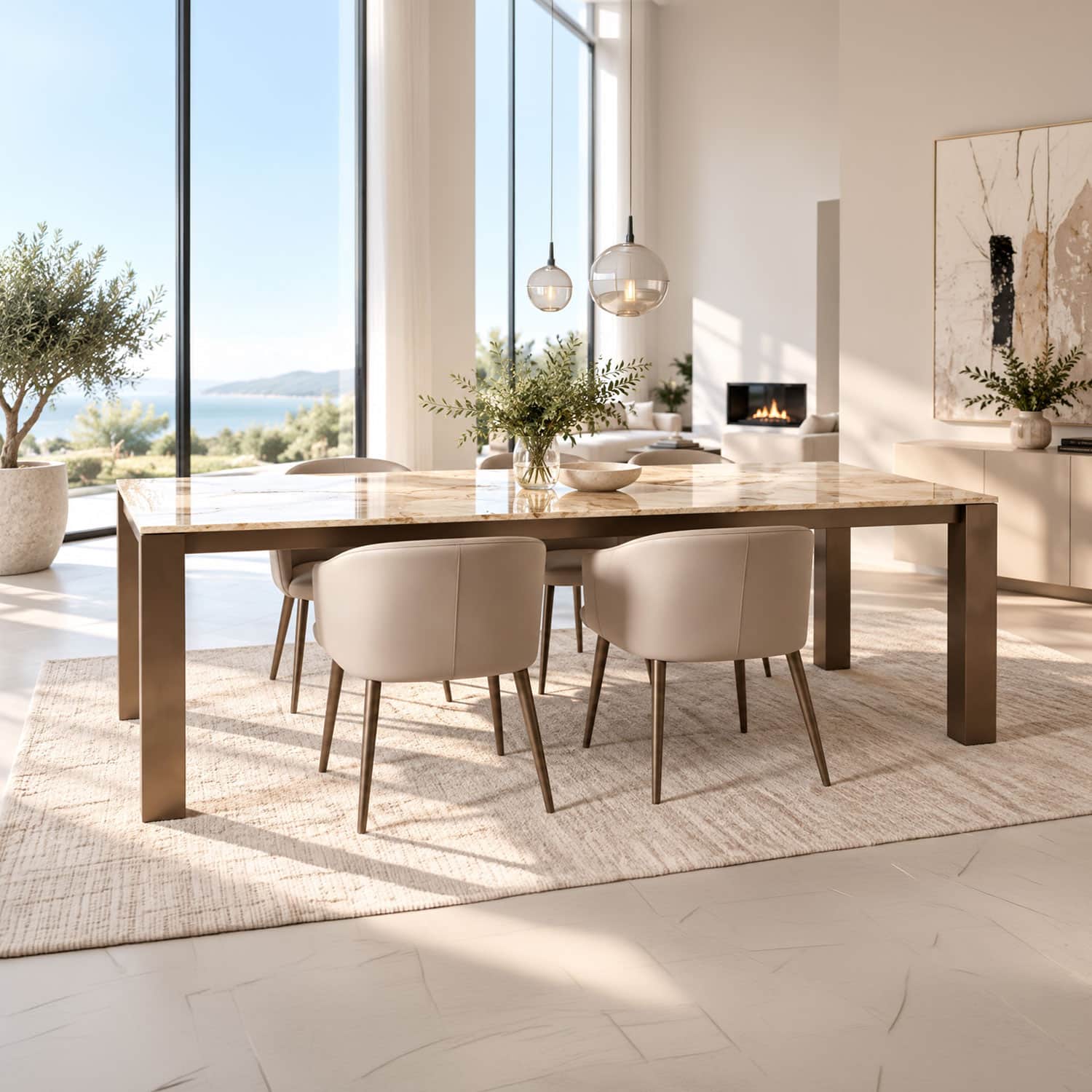 Esstisch CAICOS aus Marmor und Granit mit cremebeiger Natursteinplatte und individuell wählbarer Sockelfarbe.