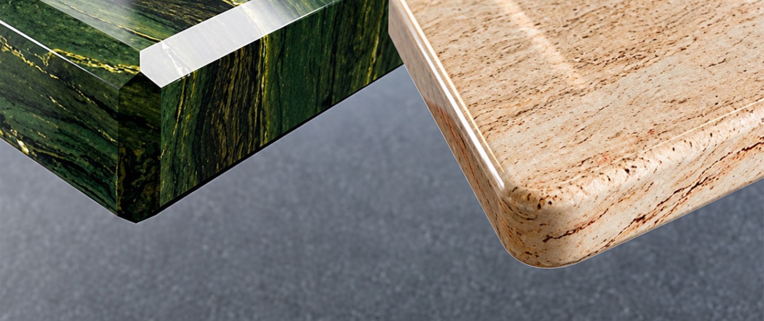 Esstisch TERRA aus Marmor und Granit – Detail verschiedener Kantenprofile, eckig und abgerundet.