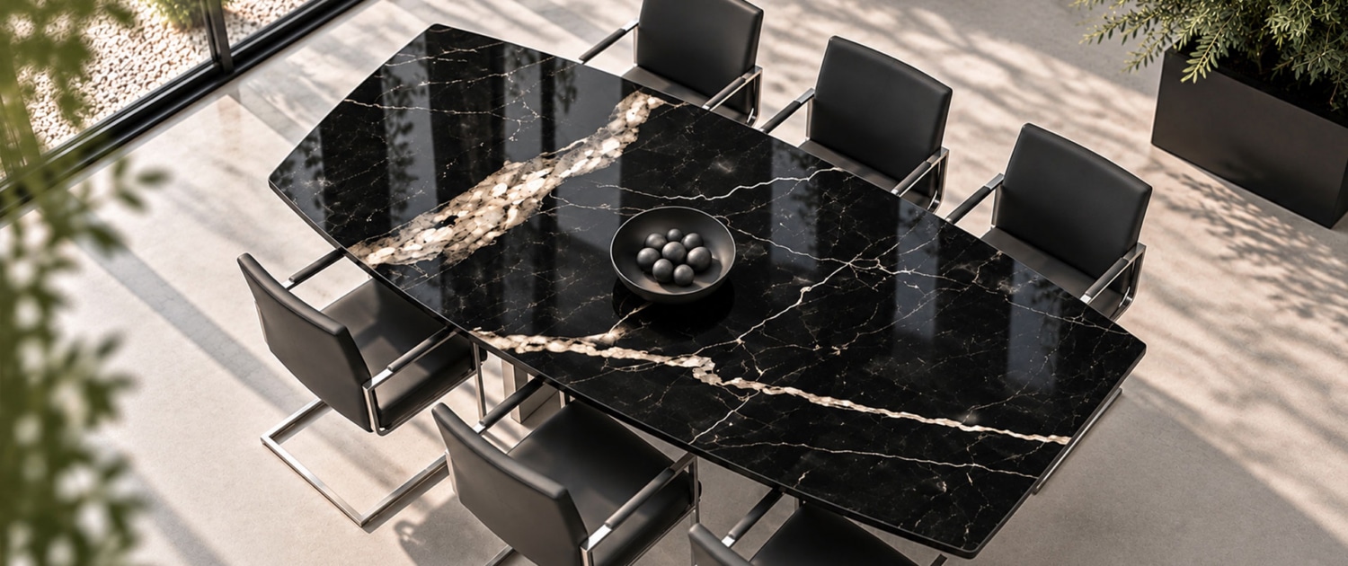 Esstisch Marmor mit Marmor Nero Maquina in schwarz weisem Marmor online konfigurieren