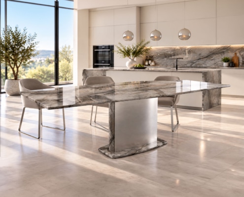 Esstisch TERRA aus Marmor und Granit mit Silver Roots Marmor, grau-grün changierend mit brauner Bänderung.