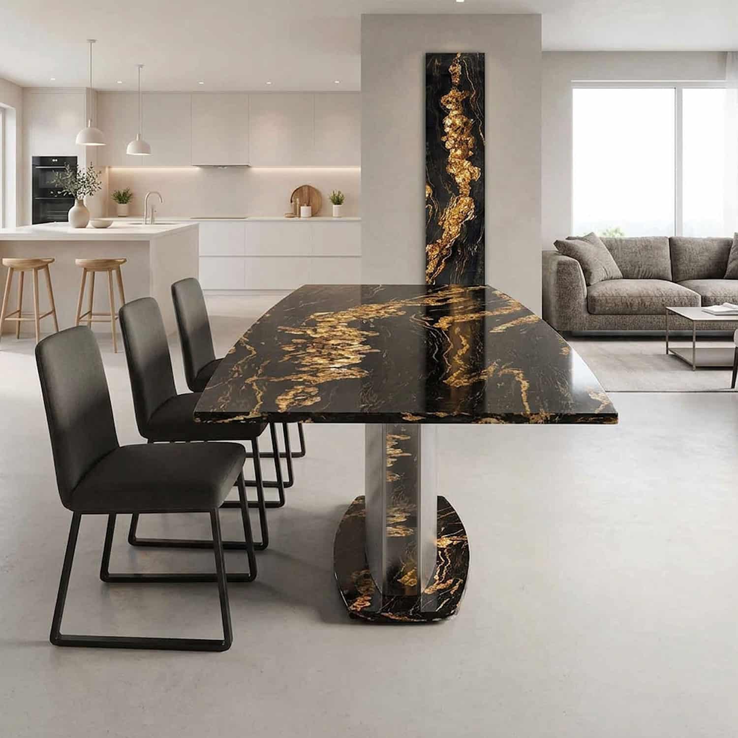 Esstisch MArmor und Granit mit schwarzer Granitplatte und goldener Bänderung Magna Black Gold