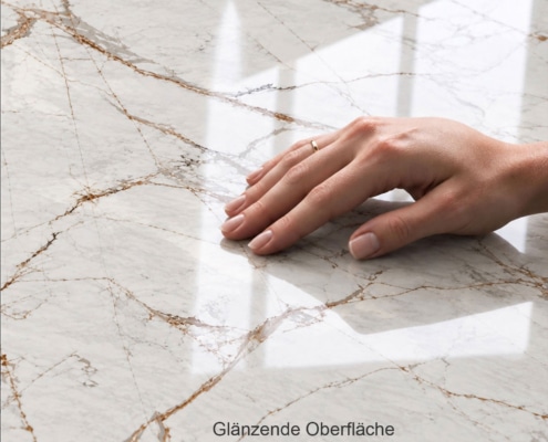Detail des Esstischs TERRA mit Steinplatte aus Keramik oder Silestone in glänzender Oberfläche