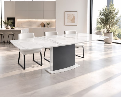 Esstisch Keramik & Silestone mit weiser Keramik mit grauen adern. Tischsockel in Farbe nach Wunsch
