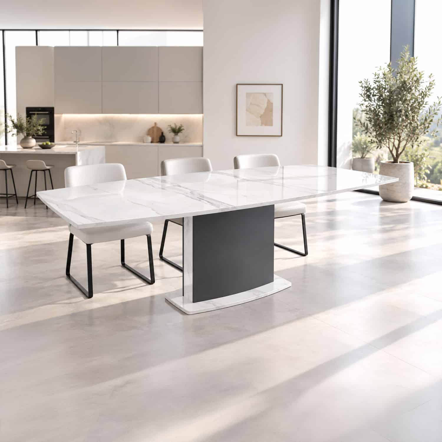 Esstisch Keramik & Silestone mit weiser Keramik mit grauen adern. Tischsockel in Farbe nach Wunsch