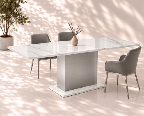 Esstisch Keramik Silestone KITT(S) Et Calacatta weiß mit grauen Adern und individuellem Sockel