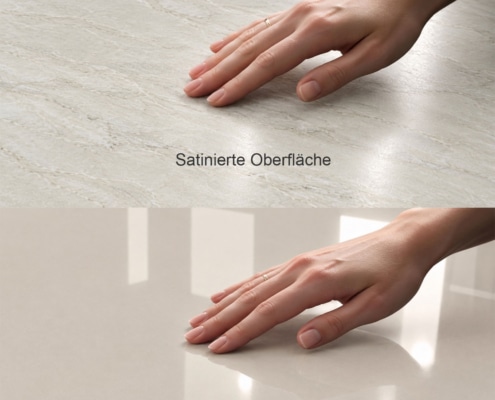 Detail einer Keramik- und Silestone-Tischplatte mit satinierter matter oder glänzend polierter Oberfläche