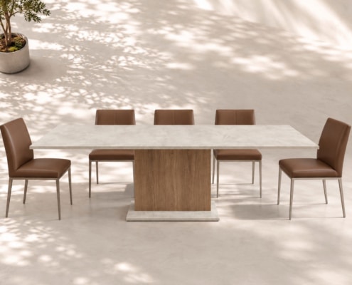 Esstisch Keramik Silestone KITTS mit Calacatta Tova und Holzsockel Eiche bis 300 cm
