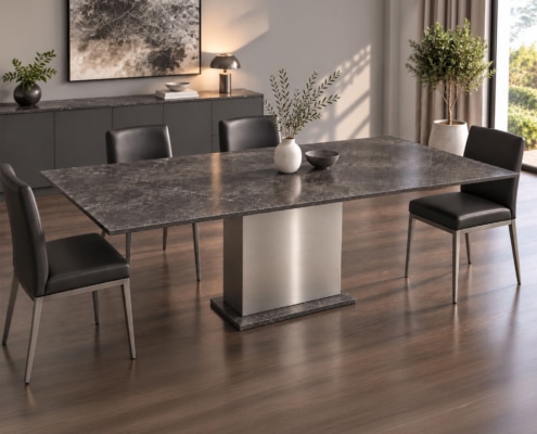 Esstisch KITTS aus Keramik & Silestone mit dunkler, grau changierender Tischplatte und Säulenfuß aus gebürstetem Edelstahl