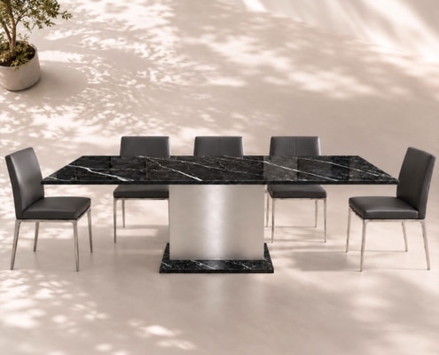 Esstisch Keramik Silestone KITTS Et Marquina schwarz mit weißen Adern und Sockel von 4-12 Personen nach Wunsch kombinieren