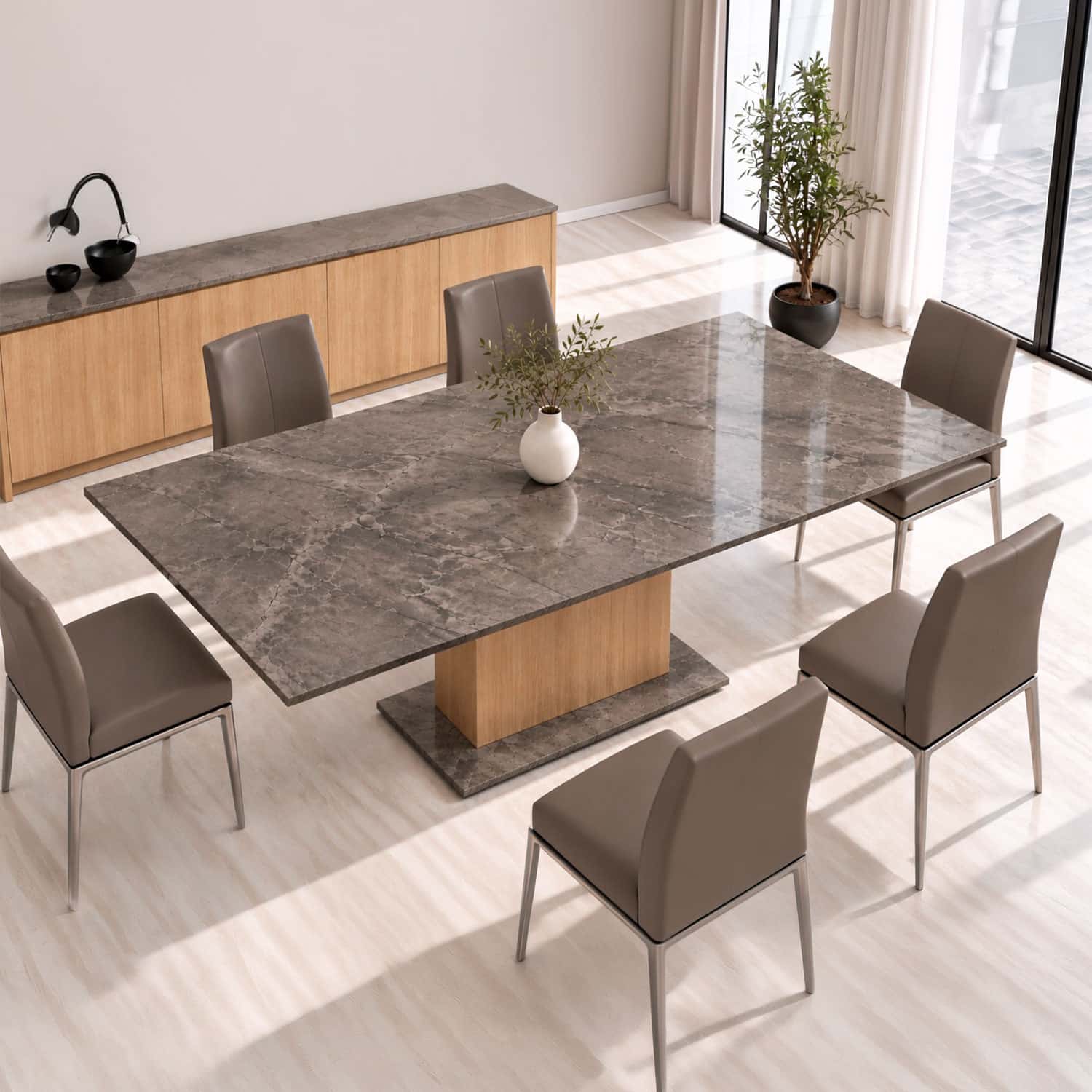 Esstisch KITTS aus Keramik & Silestone mit grau-braun changierender Tischplatte und Holzsockel aus Eiche.
