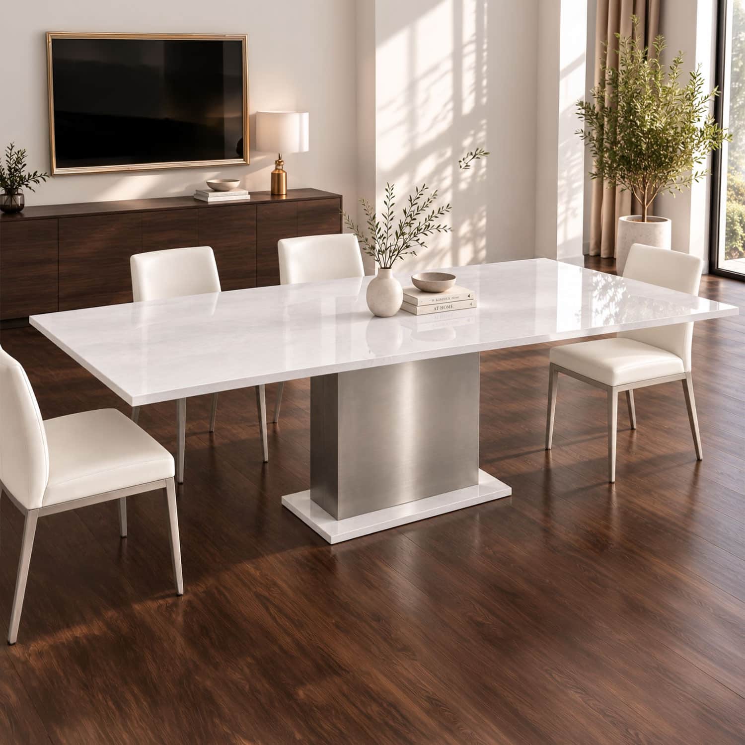 Esstisch Keramik & Silestone KITTS mit weißer Silestone-Tischplatte Miami White, individuell 140–300 cm für 4–12 Personen