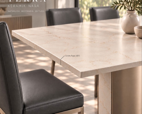 Detail des Esstischs TERRA mit Keramikplatte Calacatta Tova in warmem Cremebeige, fein ausgeführter Tischkante und Tischsockel in Farbe nach Wahl.