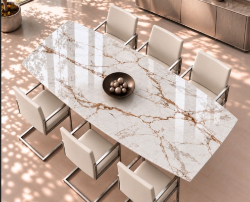Esstisch TERRA aus Dekton Keramik Awake in Weiß mit braunen Adern, hochglanzpoliert