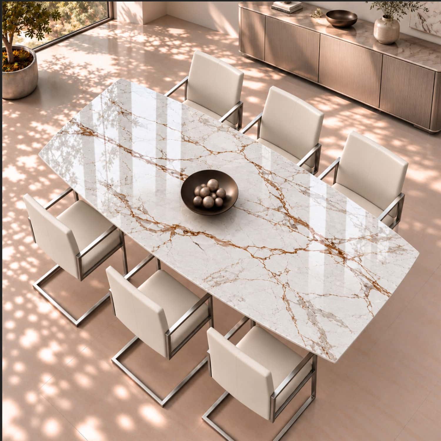 Esstisch TERRA aus Dekton Keramik Awake in Weiß mit braunen Adern, hochglanzpoliert