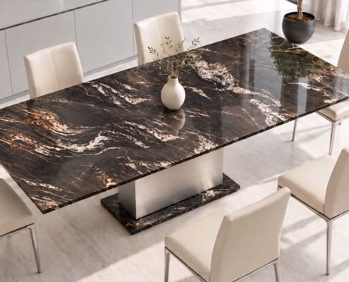 seitenansicht.jpg Esstisch KITTS mit hochglänzender Nero-Marquina-Tischplatte in Seitenansicht