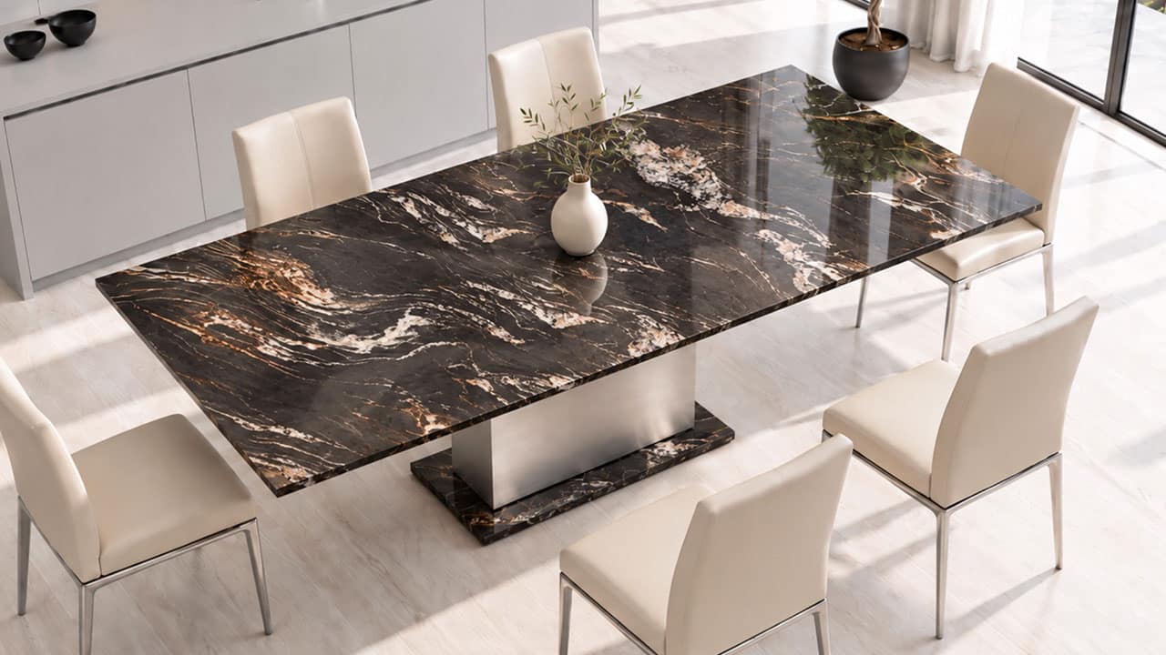 seitenansicht.jpg Esstisch KITTS mit hochglänzender Nero-Marquina-Tischplatte in Seitenansicht