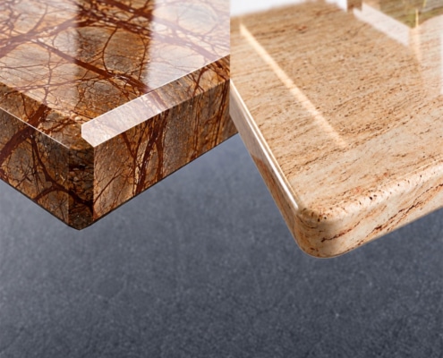 Detail von Naturstein-Tischplatten mit gerader gefaster Kante und gerundeter Kante als wählbare Kantenbearbeitung