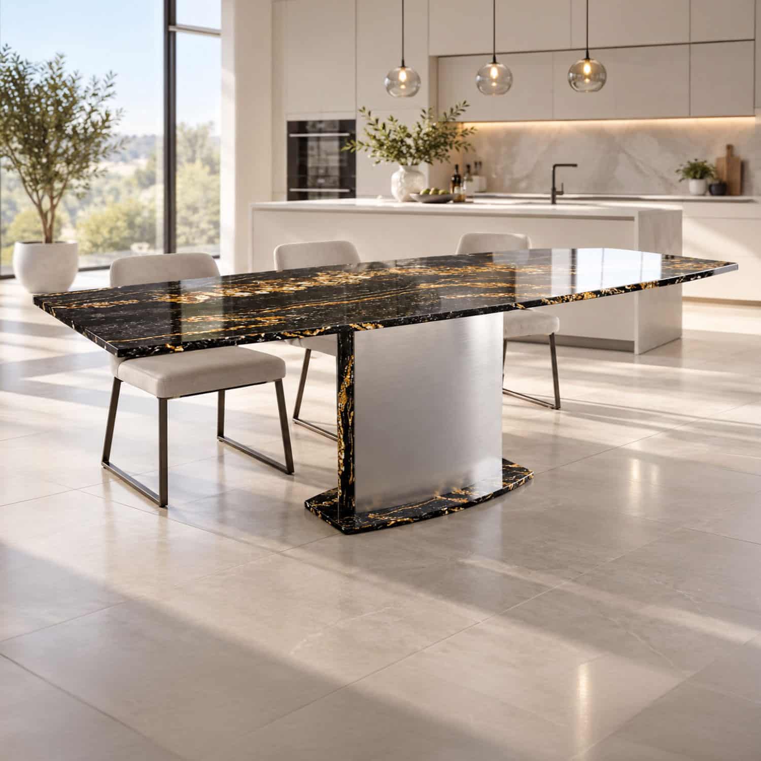 Esstisch TERRA aus Marmor und Granit mit schwarzer Magna-Black-Gold-Granitplatte und goldfarbener Bänderung, individuell bis 300 cm.