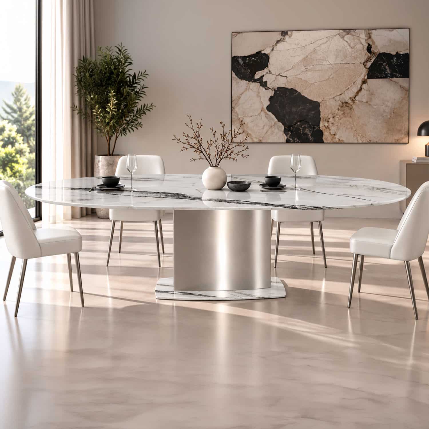 Ovaler Esstisch NOVALIS mit hochglänzender Tischplatte aus weißem Bianco Lasa Marmor mit eleganten anthrazitfarbenen Adern.