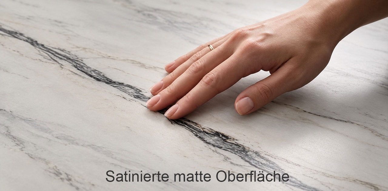 Detail der satinierten Oberfläche aus Bianco Lasa Marmor beim ovalen Esstisch NOVALIS.