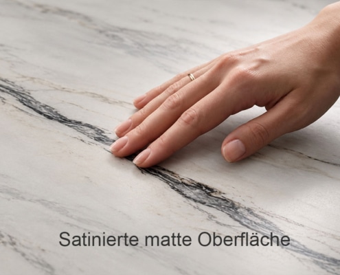 Detail der satinierten Oberfläche aus Bianco Lasa Marmor beim ovalen Esstisch NOVALIS.