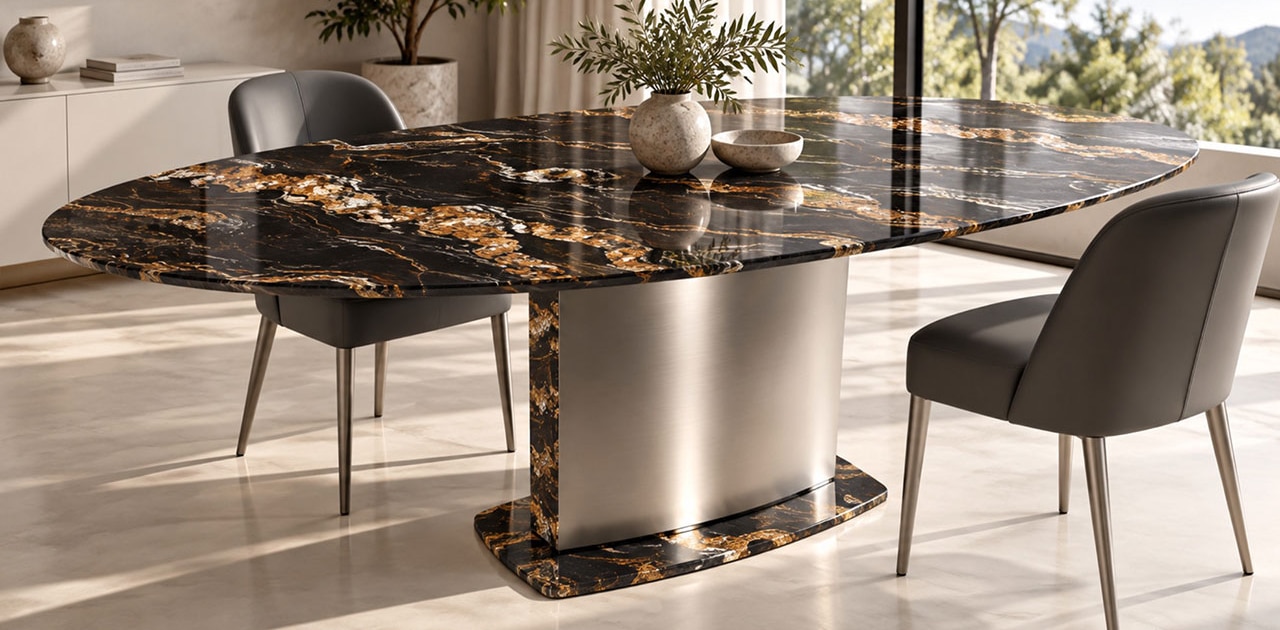 Ovaler Esstisch NOVALIS aus schwarzem Magna Black Gold Granit mit goldfarbenen Adern und hochglanzpolierter Oberfläche