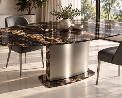 Ovaler Esstisch NOVALIS aus schwarzem Magna Black Gold Granit mit goldfarbenen Adern und hochglanzpolierter Oberfläche