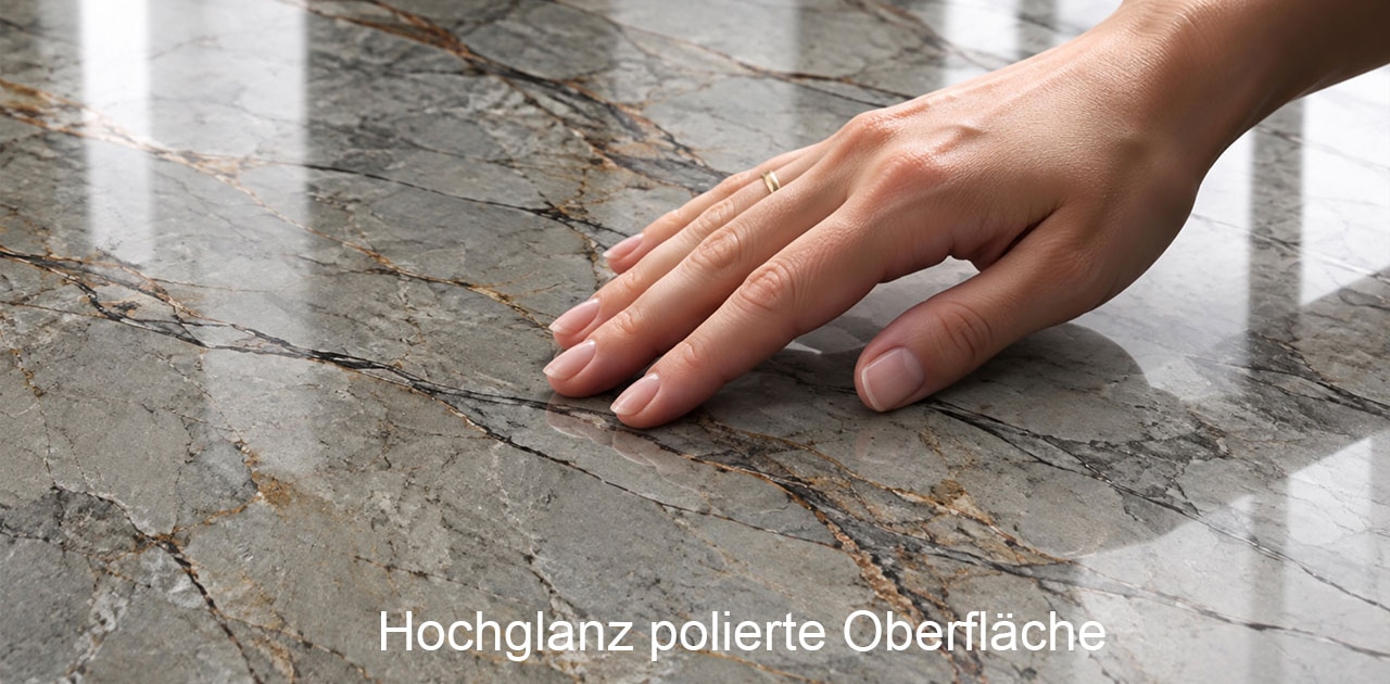 Detail der hochglanzpolierten Natursteinoberfläche beim ovalen Esstisch NOVALIS aus Marmor oder Granit.