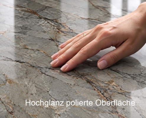 Detail der hochglanzpolierten Natursteinoberfläche beim ovalen Esstisch NOVALIS aus Marmor oder Granit.