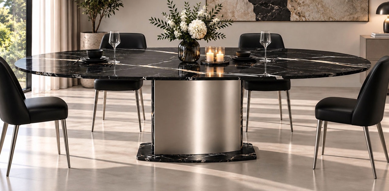 Ovaler Esstisch NOVALIS aus schwarzem Nero-Marquina-Marmor mit weißer Bänderung und hochglanzpolierter Oberfläche