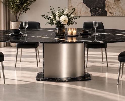 Ovaler Esstisch NOVALIS aus schwarzem Nero-Marquina-Marmor mit weißer Bänderung und hochglanzpolierter Oberfläche