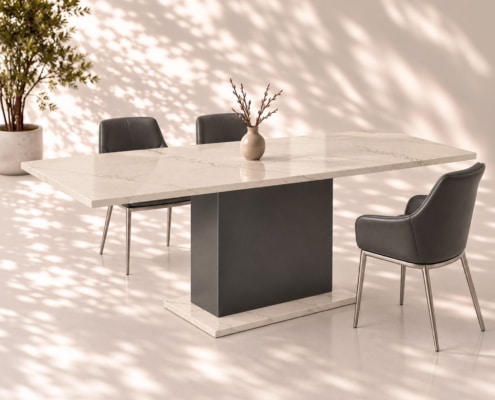 Esstisch Silestone KITS mit beiger Calacatta Tova Tischplatte und anthrazitfarbenem Säulensockel