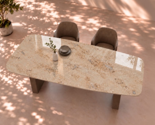 Esstisch Marmor und Granit Modell Vela mit Marmorplatte aus Jura Marmor und beige-brauner Bänderung
