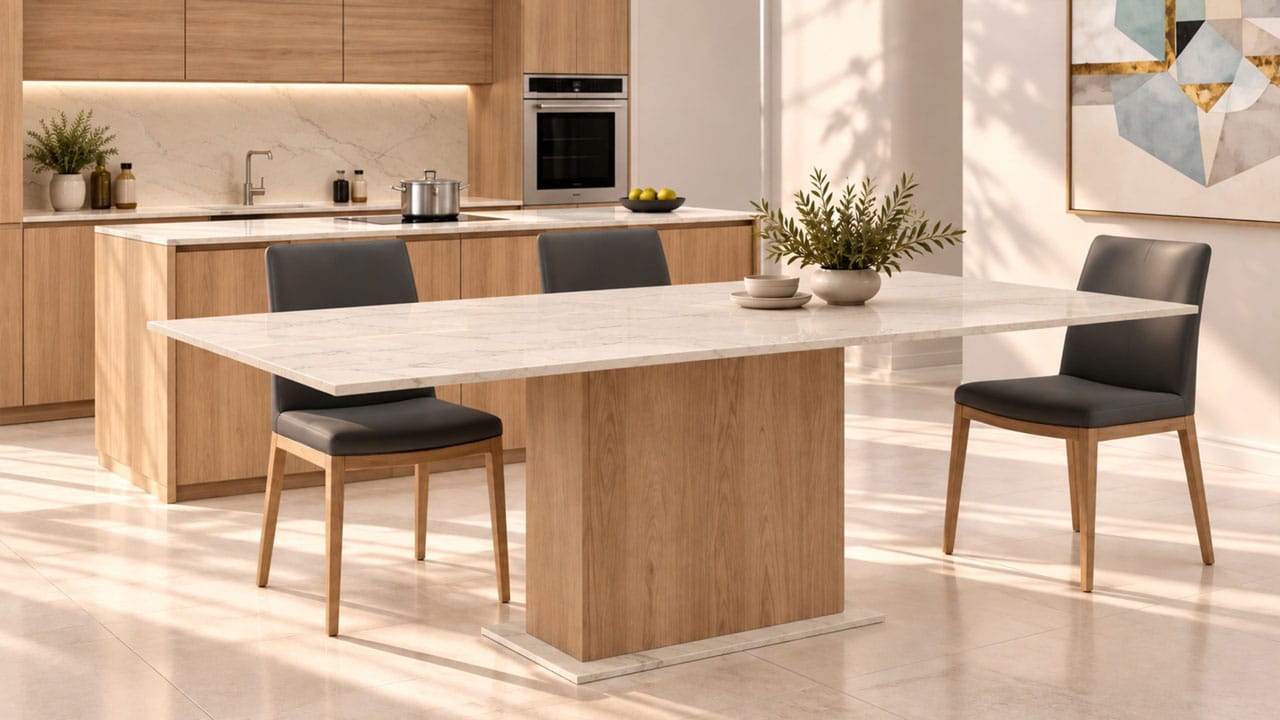 Esstisch KITTS mit cremefarbener Calacatta Tova Keramikplatte in Marmoroptik, seidenmatter Oberfläche und Säulenfuß aus Holz im mediterranen Design.