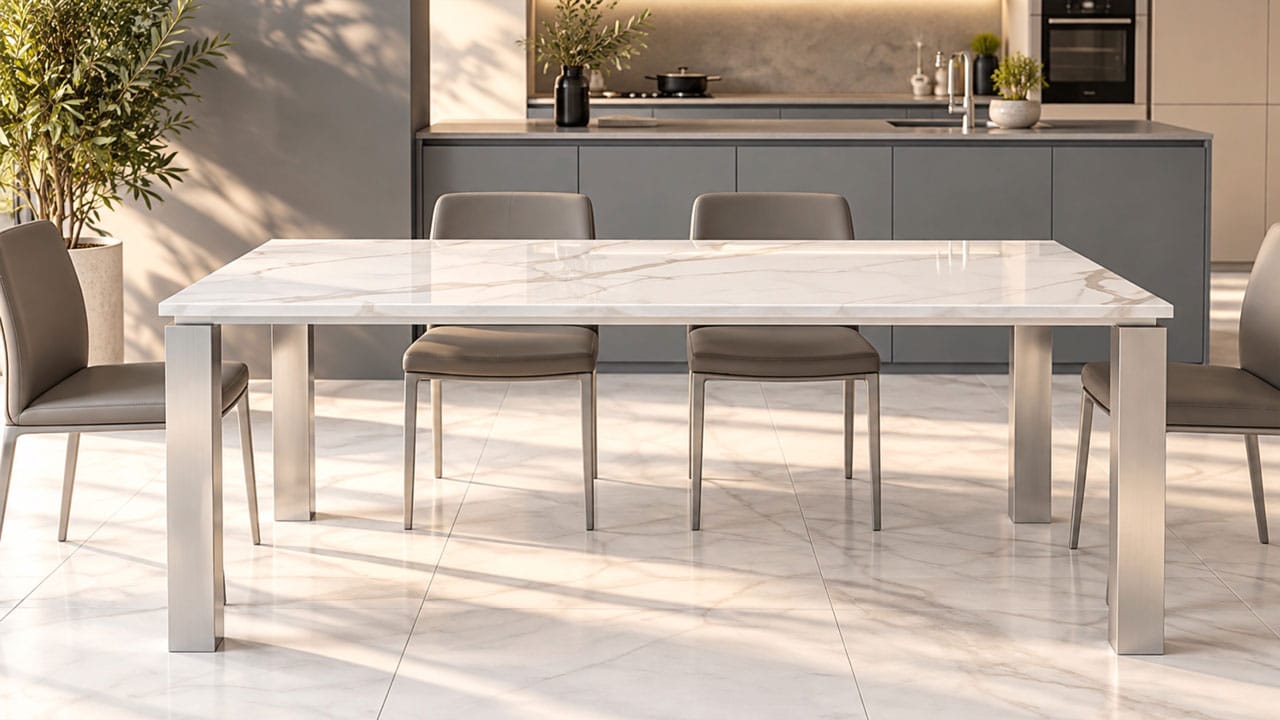 Esstisch Marmor MANEA mit hochglanzpolierter, weißer Bianco Carrara Marmorplatte, feinen grauen Adern und modernem Tischgestell aus gebürstetem Edelstahl.