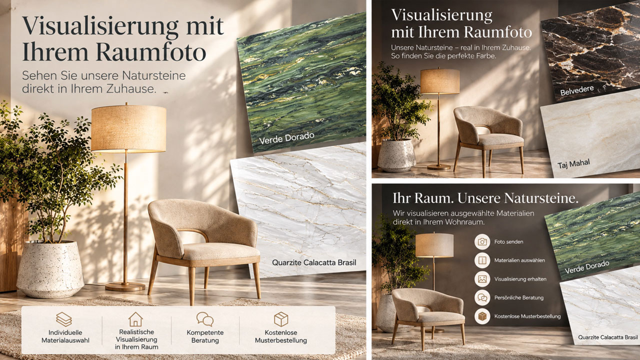 Visualisierung der Materialauswahl für einen Esstisch aus Marmor oder Naturstein anhand eines eigenen Raumfotos, mit Steinmustern in unterschiedlichen Farben.