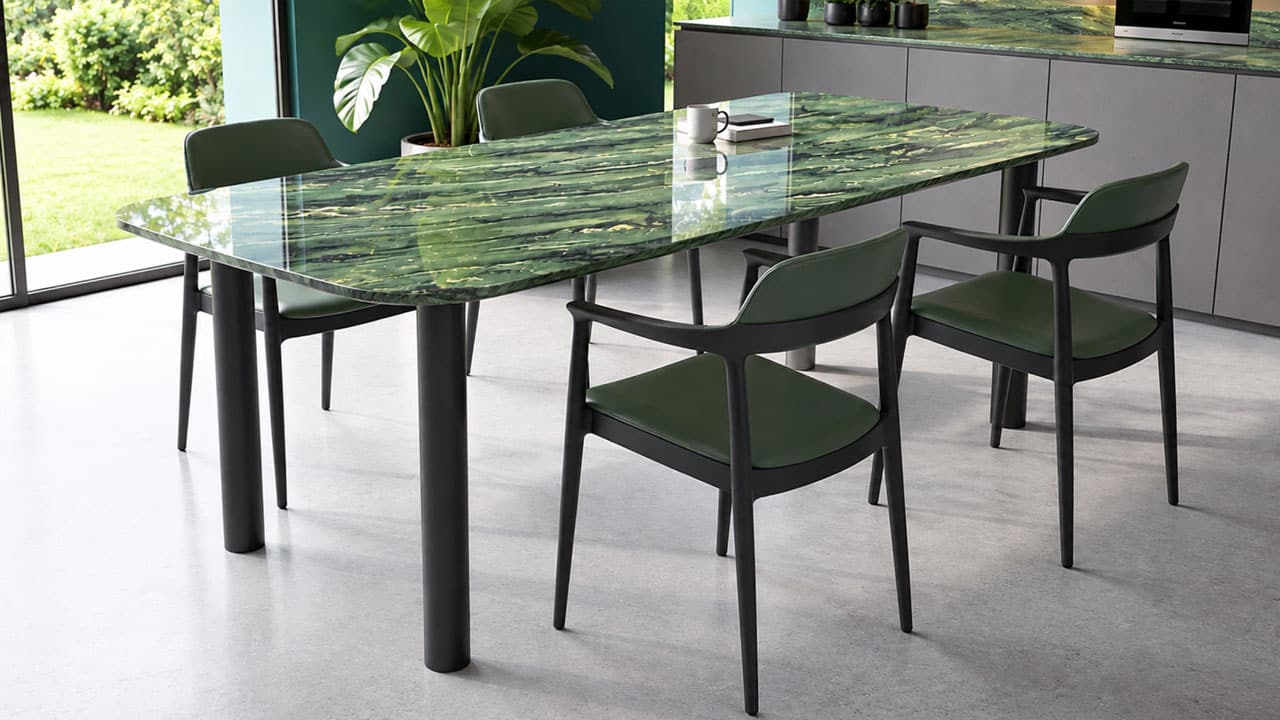 Esstisch Marmor Verde Dorado mit hochglanzpolierter, grün-anthrazit changierender Steinplatte und runden Tischbeinen in Anthrazit matt als RAL-Farbe.