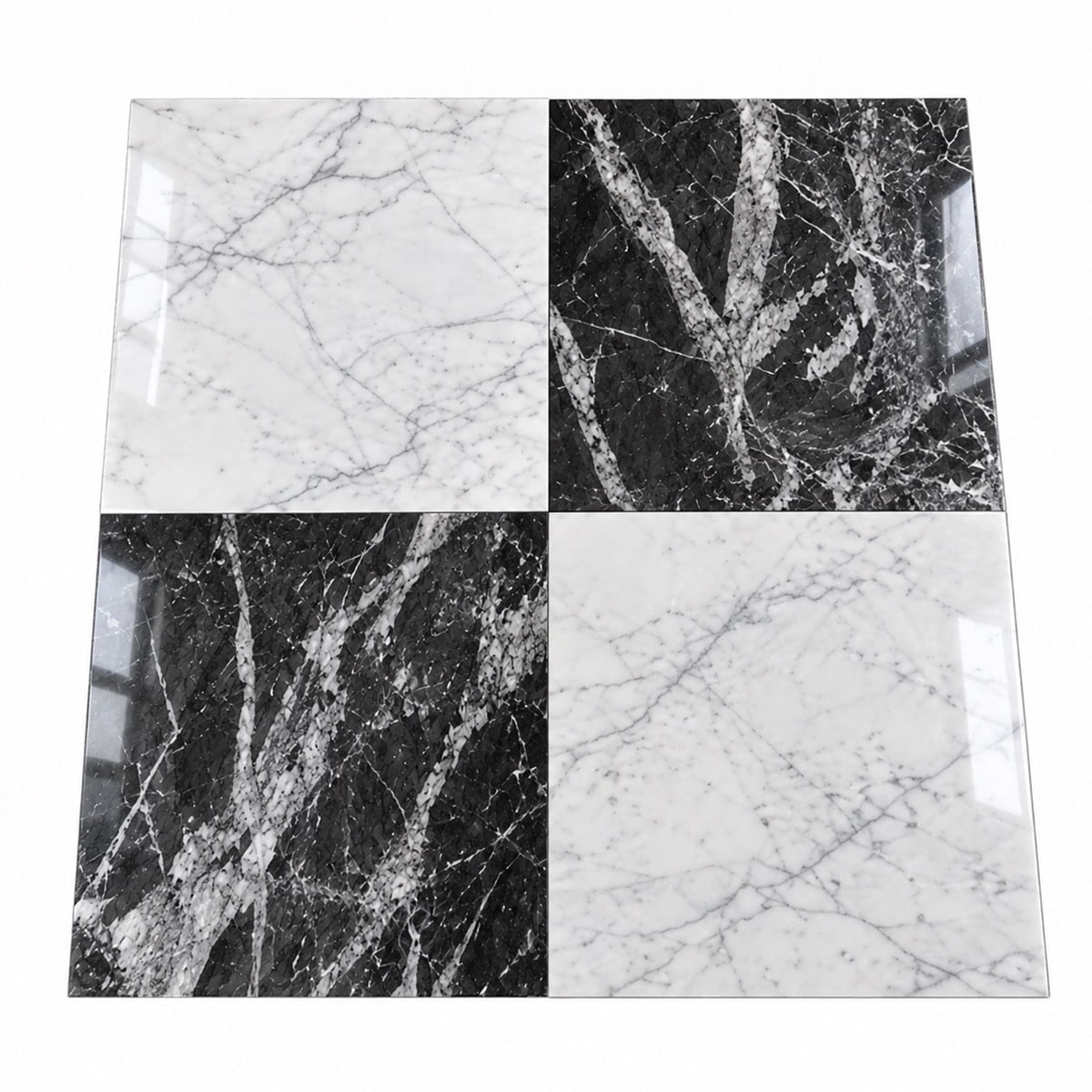Marmorfliesen Grigio Carnico und Bianco Carrara im schwarz-weißen Schachbrettmuster mit markanter Natursteinaderung und hochglanzpolierter Oberfläche