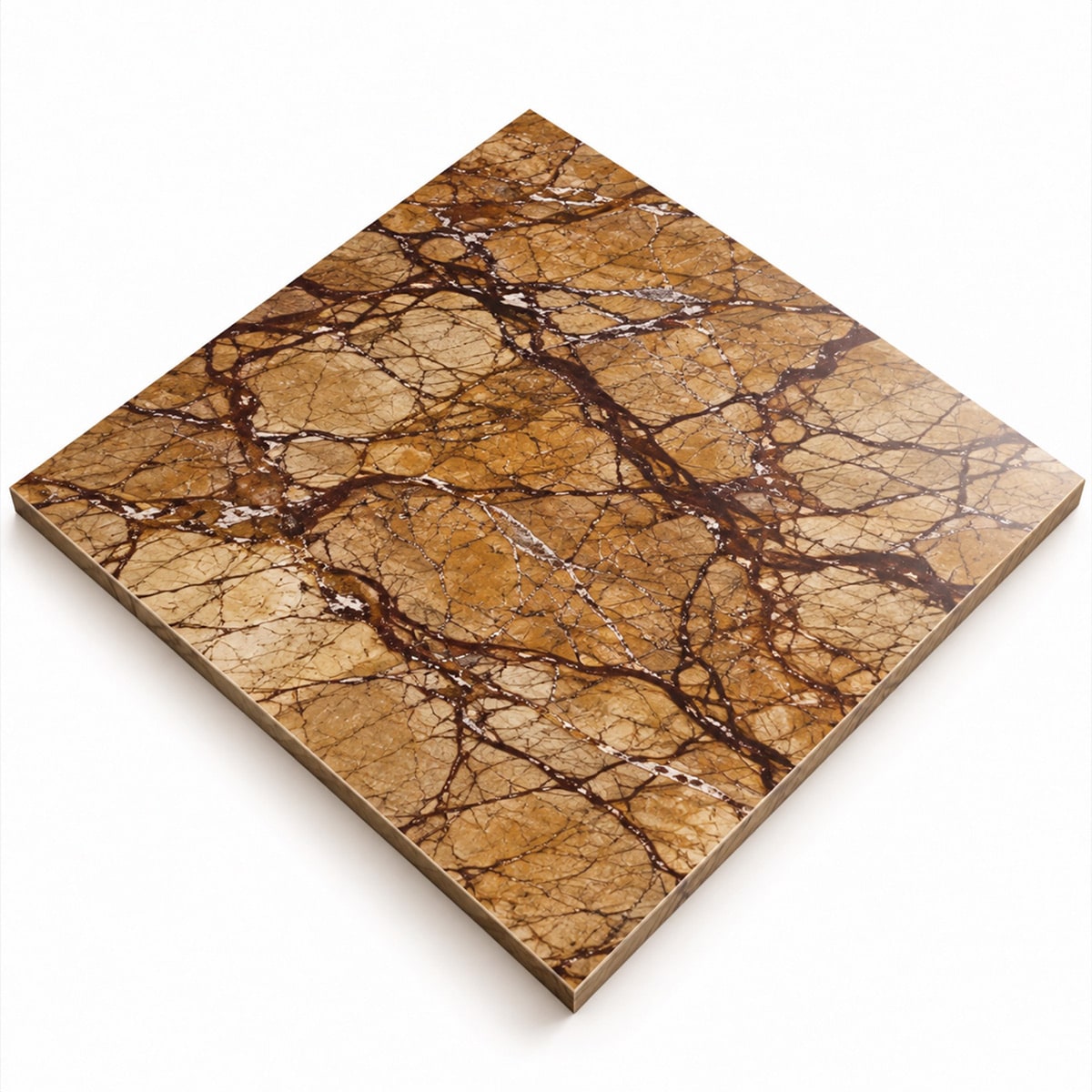 Rainforest Brown Marmorfliese in warmen Braun- und Beigetönen mit markanter, dunkelbrauner, verzweigter Maserung und matt satinierter, leicht schimmernder Oberfläche.